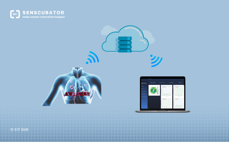 Illustration einer Lunge mit Datenübertragung zu einem Laptop und einer Cloud-Datenbank.
