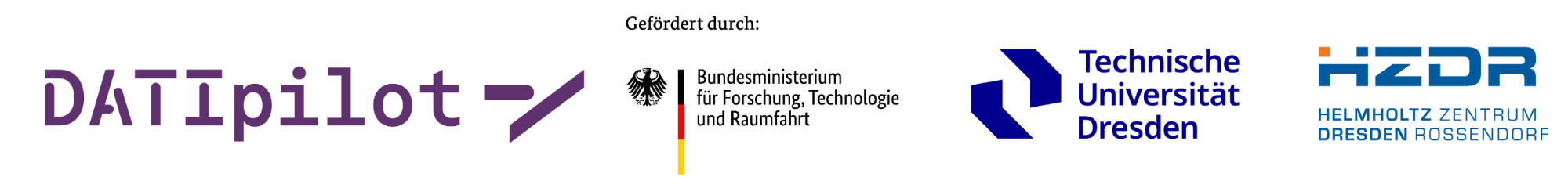 Logoreihe der Förderung Logos von DATAPilot, Bundesministerium für Forschung, technologie und Raumfahrt, Technische Universität Dresden und HZDR.