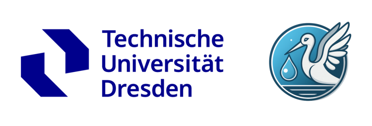 Logo der Technischen Universität Dresden und Logo Fluencia mit Schwäne-Symbol und Wassertröpfchen.